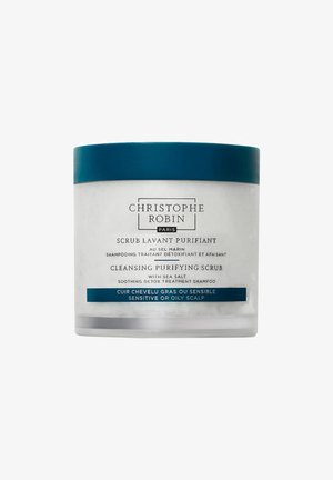Jar of Christophe Robin cleansing purifying scrub with sea salt for sensitive or oily scalp, featuring a blue lid and white container.