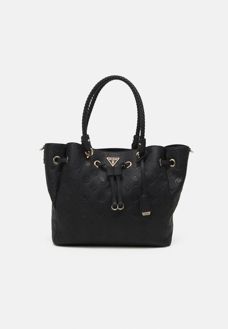 Black faux leather handbag with braided handles, embossed logo pattern, gold metal accents, and drawstring closure. Features a tag attached.