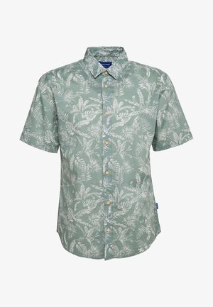 Short-sleeve shirt in light green, featuring a white tropical leaf pattern. Designed with a button-down collar and front buttons.