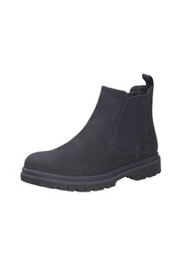 Stivaletto in suede nero con pannelli elastici laterali, una linguetta e una suola in gomma testurizzata con motivo a tasselli per una migliore trazione.