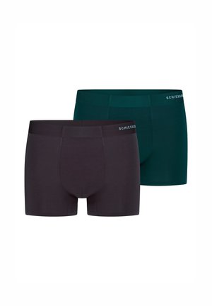 Due paia di boxer da uomo in grigio scuro e verde scuro, ciascuno con un piccolo logo bianco del marchio in vita.