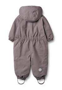 Szary dziecięcy kombinezon zimowy z kapturem, elastyczną talią i mankietami. Miękki, gładki materiał z okrągłym logo na dolnej lewej stronie.