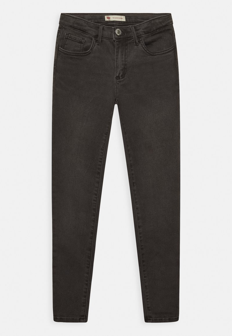 Jeans neri slim fit con chiusura frontale a bottone e zip, design a cinque tasche e passanti per cintura, adagiati su uno sfondo bianco.