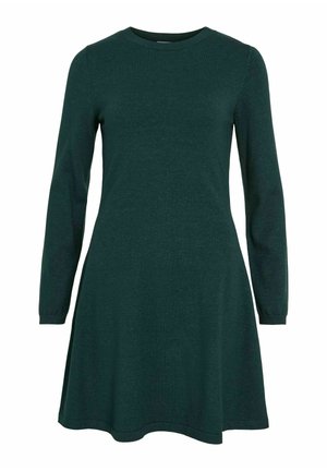 Robe longue à manches longues vert foncé avec un col ras du cou, dotée d'une jupe évasée et d'un tissu doux et texturé. Aucun motif visible ni détail en métal.