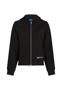 Čierna mikina na zips vyrobená z mäkkej látky, s klokankou, kapucňou a rebrovanými manžetami. Obsahuje biele logo na prednej strane.