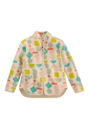 Fleece jacket with a cream base, featuring colorful geometric shapes in pink, green, blue, yellow, and orange. Zipper closure, front pockets.