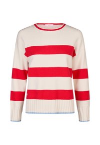 Rood en crèmekleurig gestreepte trui met een ronde hals, geribbelde boord en lichtblauwe accenten op de mouwen en onderkant. Zachte stoftextuur.