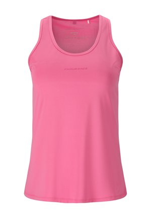 Roze mouwloos sporttopje met ronde hals en ademende meshstof, met de tekst "Endurance" centraal aan de voorkant.