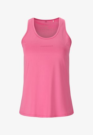 Roze mouwloos sporttopje met ronde hals en ademende meshstof, met de tekst "Endurance" centraal aan de voorkant.