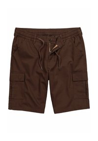 Shorts cargo marron avec une taille élastique, un cordon de serrage et plusieurs poches. Fabriqués en tissu durable, avec un design simple et polyvalent.