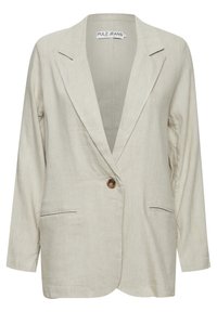 Hellbeige Leinenblazer mit einem einzelnen braunen Knopf, Reverskragen und zwei Fronttaschen. Verfügt über einen lässigen Schnitt und leicht strukturierten Stoff.