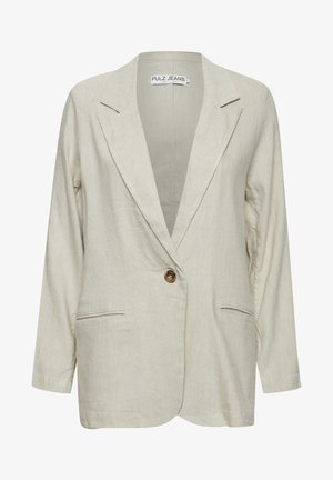 Lichtbeige linnen blazer met een enkele bruine knoop, ingeklapte revers en twee zijzakken. Beschikt over een ontspannen pasvorm en licht gestructureerde stof.