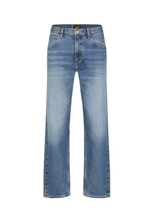 Lichtblauwe denim jeans met een rechte pijp, vijf zakken en een ritssluiting, met een vervaagd uiterlijk en subtiele slijtage details.