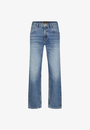 Lichtblauwe denim jeans met een rechte pijp, vijf zakken en een ritssluiting, met een vervaagd uiterlijk en subtiele slijtage details.