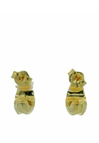 Boucles d'oreilles en or avec une surface lisse et brillante, arborant un design torsadé et un petit détail de fermoir en haut.