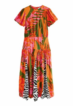 REGULAR FIT - SHORT SLEEVE CREW NECK SPLICED - Maxikleid - red orange floral with mono zebra print
