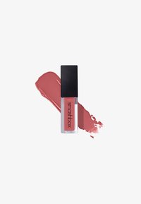 Liquid lipstick in a clear tube with a black cap. Color: soft pink. Accompanied by a swatch of the same shade, with a glossy texture.