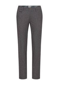 Pantaloni grigi su misura realizzati in un tessuto testurizzato, con una vestibilità slim, tasche frontali e una chiusura con un singolo bottone in vita.
