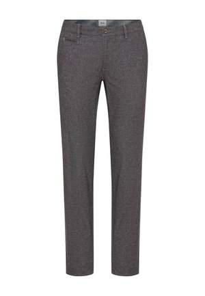 Pantaloni grigi su misura realizzati in un tessuto testurizzato, con una vestibilità slim, tasche frontali e una chiusura con un singolo bottone in vita.