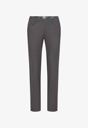 Grijze op maat gemaakte broek van een textuurstof, met een slim fit, voorzakken en een enkele knoopsluiting bij de taille.