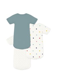 Τρία πουκάμισα με κοντό μανίκι: ένα μονόχρωμο σε τυρκουάζ, ένα λευκό με πολύχρωμες καρδιές και ένα λευκό με μικρές γκρι κουκκίδες· μαλακό βαμβακερό μείγμα, στρογγυλεμένες βάσεις.