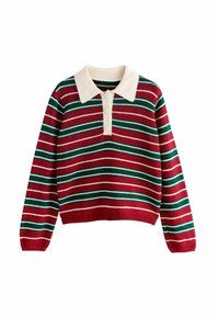 Gestreepte gebreide trui met rode, groene en witte strepen, een crèmekleurige kraag en een placket met drie knopen. Cropped lengte.