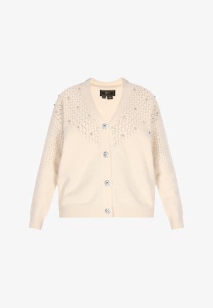 Krémový kardigan s výstřihem do V, zdobený texturovaným vzorem a drobnými kamínky. Uzávěr na pět knoflíků, žebrované manžety a lem.