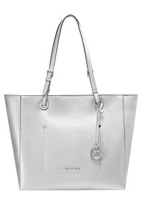 Srebrna torebka syntetyczna z grubymi ramiączkami, przednią kieszenią, akcentem logo oraz zbudowana w strukturze trapezoidalnej.