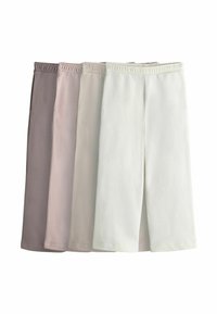 Četras šortas dažādās krāsās: tumši pelēka, gaiši rozā, bēša un balta. Katrām ir elastīga josta un gluda apdare.