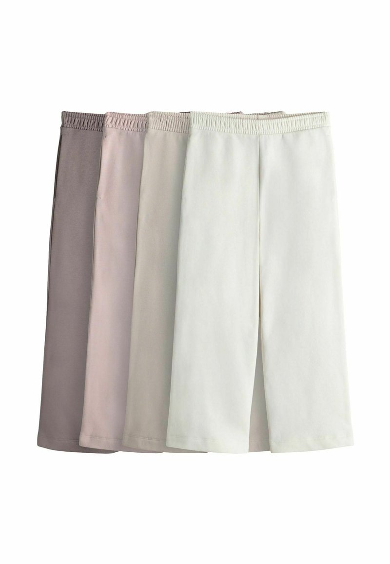 Četras šortas dažādās krāsās: tumši pelēka, gaiši rozā, bēša un balta. Katrām ir elastīga josta un gluda apdare.