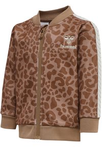 Veste zippée en imprimé léopard marron avec des poignets et un col côtelés. Présente le logo de la marque sur la poitrine gauche et des rayures blanches contrastées sur les manches.