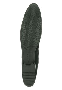 Semelle de chaussure en caoutchouc noir avec un motif ondulé en relief, finition lisse et petit talon pour la stabilité. Logo présent sur le côté.