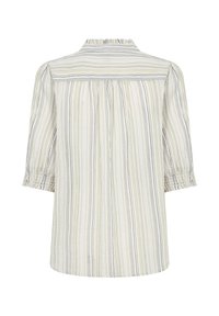 Chemise à boutonnage sur le devant en tissu léger, ornée de rayures verticales dans des couleurs pastel douces. Manches trois-quarts avec poignets élastiques.
