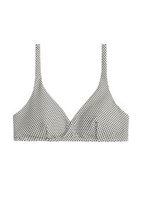 Biela a čierna bodkovaná braletka s tenkými nastaviteľnými ramienkami a mäkkým, nestrukturovaným košíčkom.