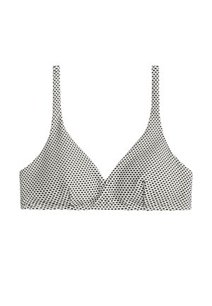 Braletă albă și neagră cu buline, cu bretele subțiri reglabile și un design moale, cupă neconstruită.