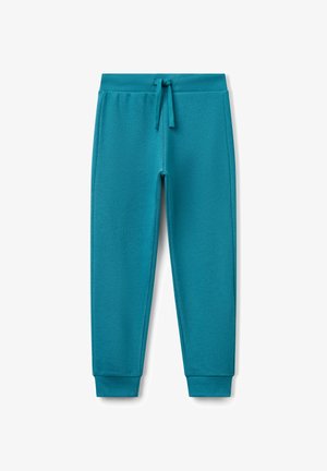 Tealblauwe joggingbroek met ribgebreide tailleband en manchetten, met een koord aan de voorkant voor een verstelbare pasvorm.
