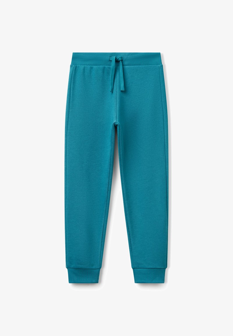 Tealové modré teplákové kalhoty s vroubkovaným páskem a manžetami, které mají přední šňůrku pro nastavitelnou velikost.