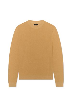 Dzeltena sinepju krāsas adīta džempera ar apaļu kakla izgriezumu, garām piedurknēm, ribotu aproču un apakšmales apdari, ar faktūru audumu.