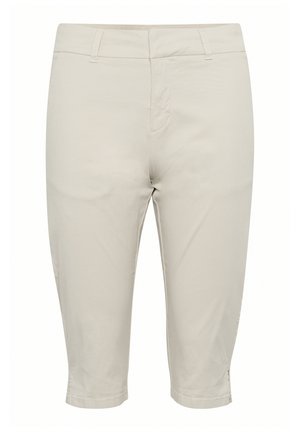 Helle beigefarbene Capri-Hosen aus glattem Stoff. Verfügt über einen normalen Bund, Vordertaschen und einen Saum, der unterhalb des Knies endet.