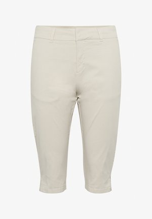 Pantaloni capri bej deschis confecționați dintr-un material neted. Au un brâu standard, buzunare frontale și un tiv care se termină sub genunchi.