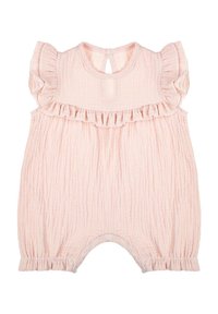 Jasnoróżowy kombinezon niemowlęcy wykonany z teksturowanej bawełny, z falbankami na rękawach, zapięciem na plecach w kształcie klucza oraz zatrzaskami w kroku.