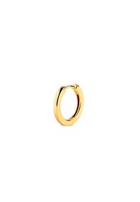 Goldene Creole mit einem glatten, abgerundeten Design und einem sicheren Verschluss. Die Oberfläche hat ein poliertes Finish, das das Licht reflektiert.