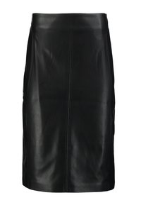 Zwarte leren rok met een gladde textuur, rechte snit en zichtbare stiksels die verticaal aan de voorkant en achterkant lopen.