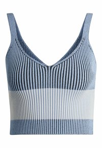 Modrý žebrovaný pletený crop top s výstřihem do V, nastavitelnými ramínky a barevnými blokovými pruhy v námořnické modři, světle modré a bílé.