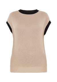 Beige kötött felső rövid ujjal, texturált mintázattal és fekete díszítéssel a nyaknál és az ujjak szélén. Könnyű anyagból készült.