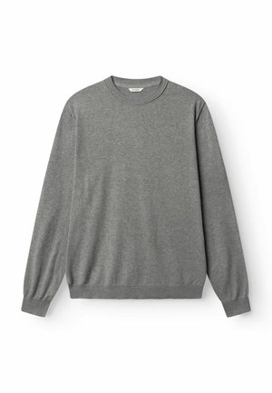 Szara bluza z długimi rękawami, prążkowanym dekoltem i mankietami, wykonana z miękkiej bawełnianej tkaniny. Charakteryzuje się luźnym krojem i minimalistycznym designem.