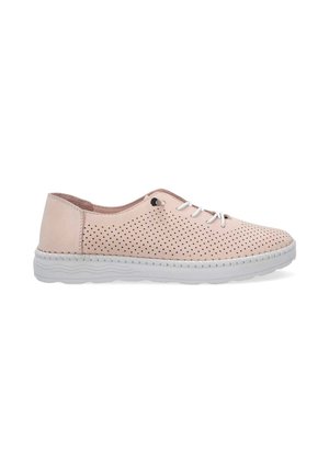 Helle rosa perforierte Schuhe mit runder Zehenpartie, weißen Schnürsenkeln und einer flexiblen weißen Gummisohle. Verfügt über eine Naht entlang der Sohlenkante.