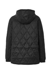 Schwarze gesteppte Jacke mit Kapuze, die diagonale Rautenmuster aufweist, elastische Bündchen hat und eine glatte, glänzende Stoffoberfläche besitzt.