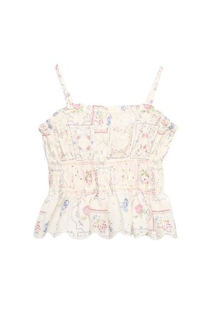 Lys cremefarvet ærmeløs crop top med tynde stropper og et blomster-patchworkmønster i pastelrosa, blå og grønne farver.