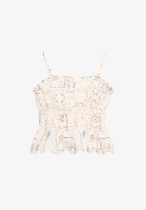Jasnokremowy, bezrękawnikowy crop top z cienkimi ramiączkami i kwiecistym wzorem patchwork w pastelowych kolorach różu, niebieskiego i zielonego.